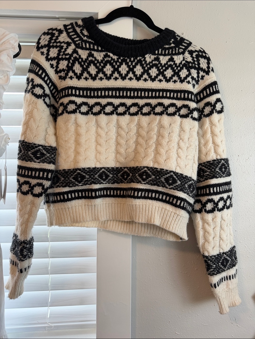 debut Cream and Black Nordic Cable Crew Sweater
